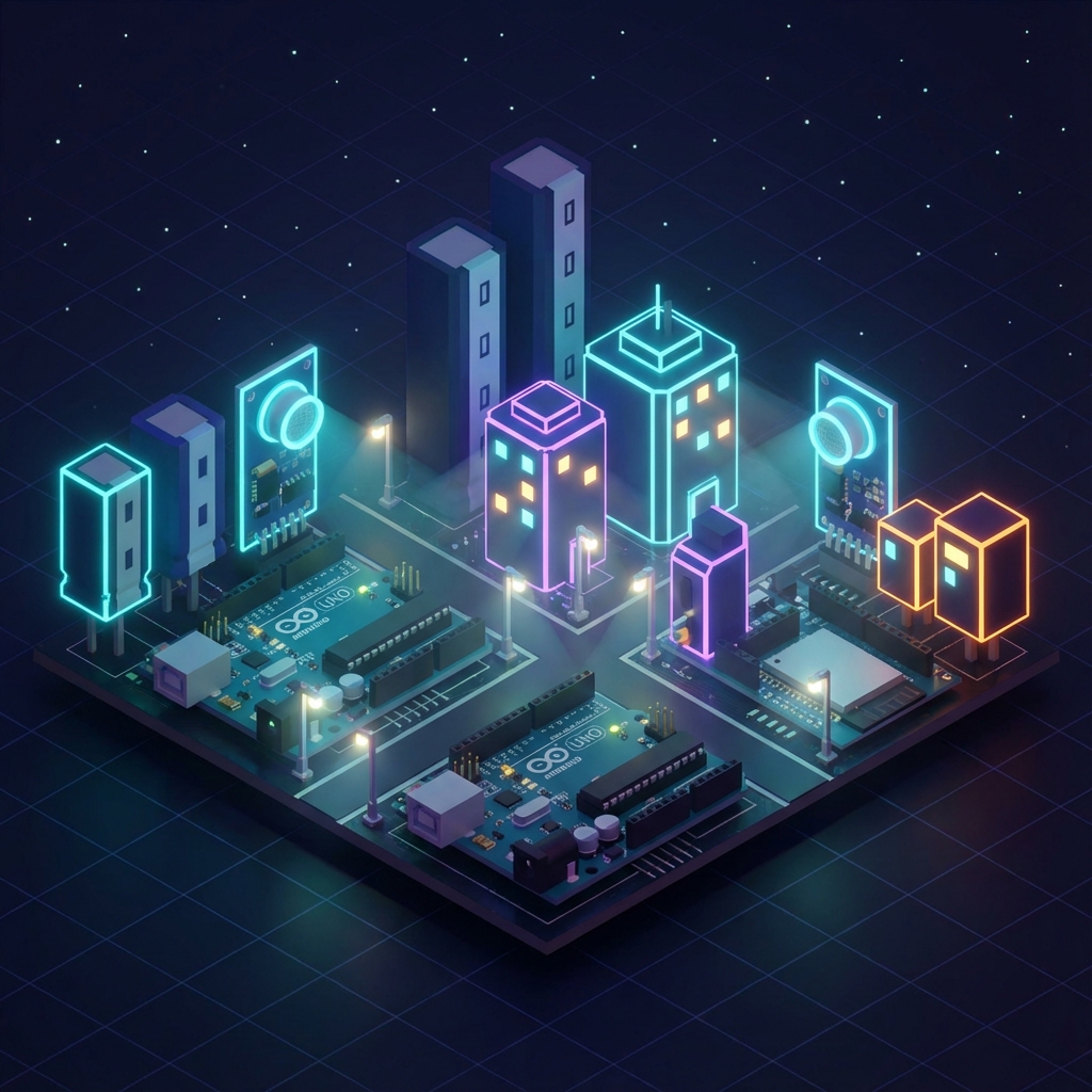ภาพประกอบเมืองอิเล็กทรอนิกส์ ที่รวมบอร์ด Arduino, ESP32 และเซ็นเซอร์ IoT